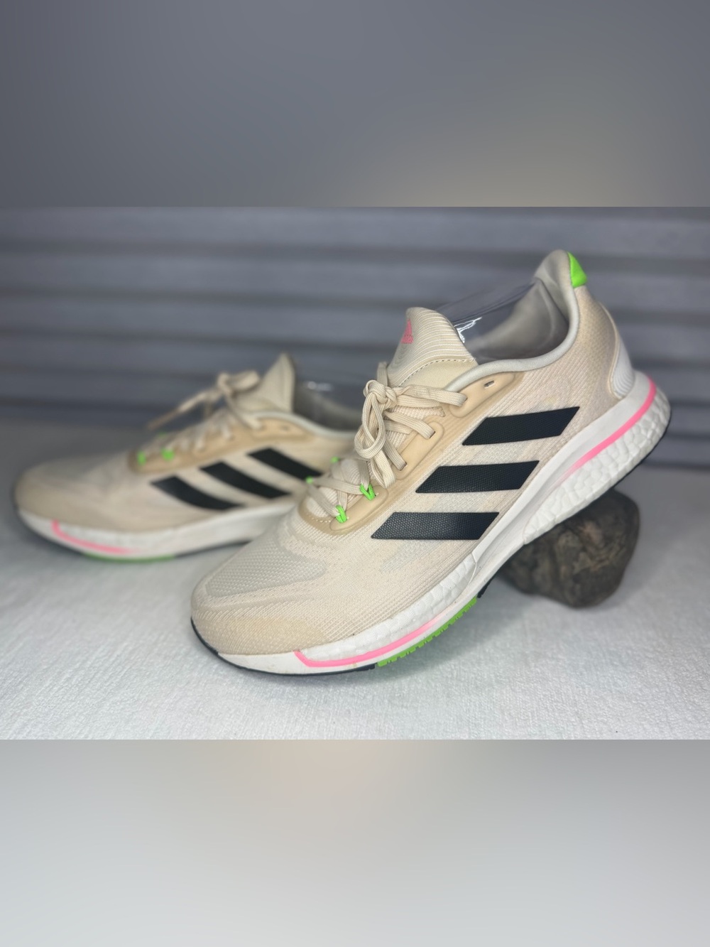 adidas Women’s Dupernova+ Beige and Black Running Shoe with Neon Accents W10